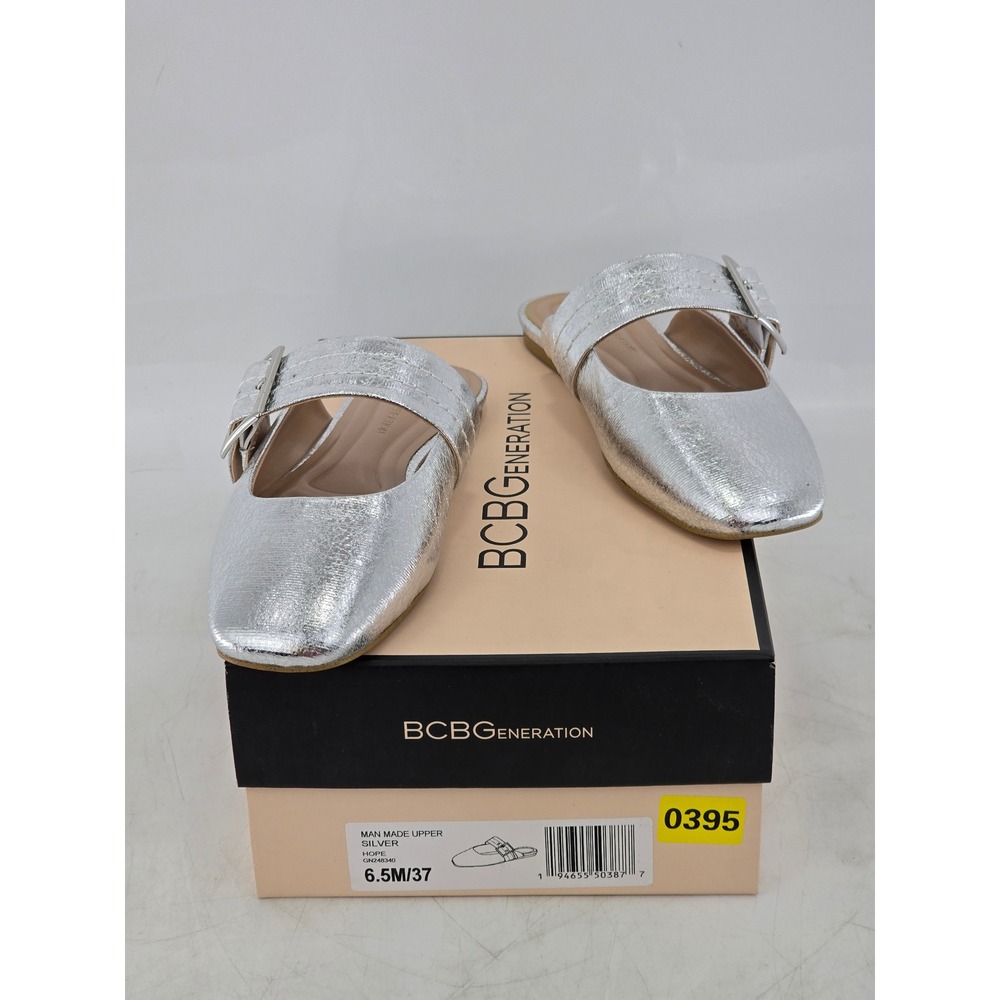BCBGeneration Hope Mules Womens 6.5 Silver Buckle Flat Slides - New